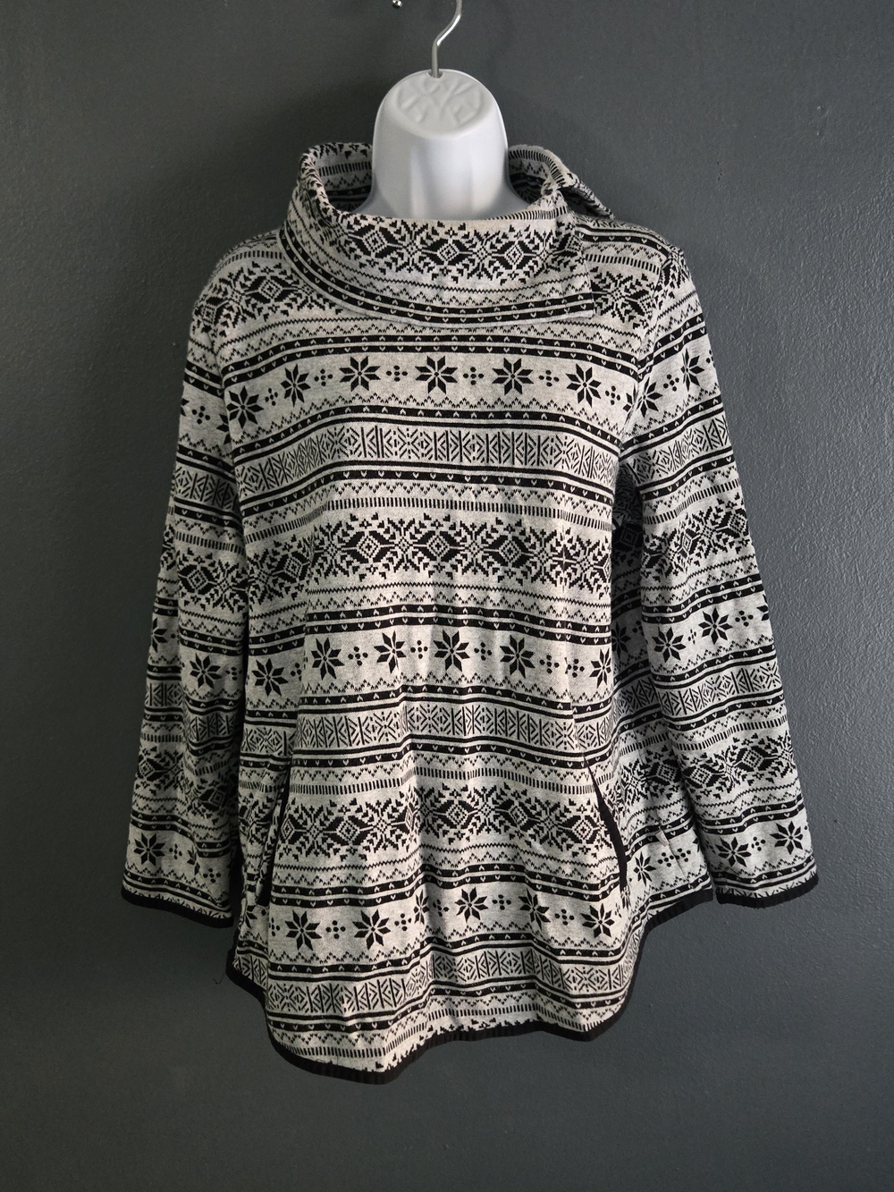 T by Talbots Gray Cotton Nordic Fair Isle Split Cowl Sweatshirt 1X Gorpcore
